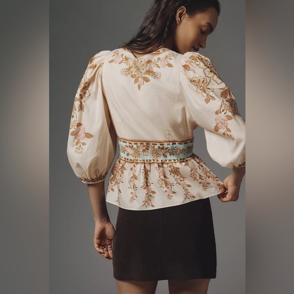 Farm Rio x Anthropologie Bubble-Sleeve V-Neck Peplum Top - Picture 2 of 3